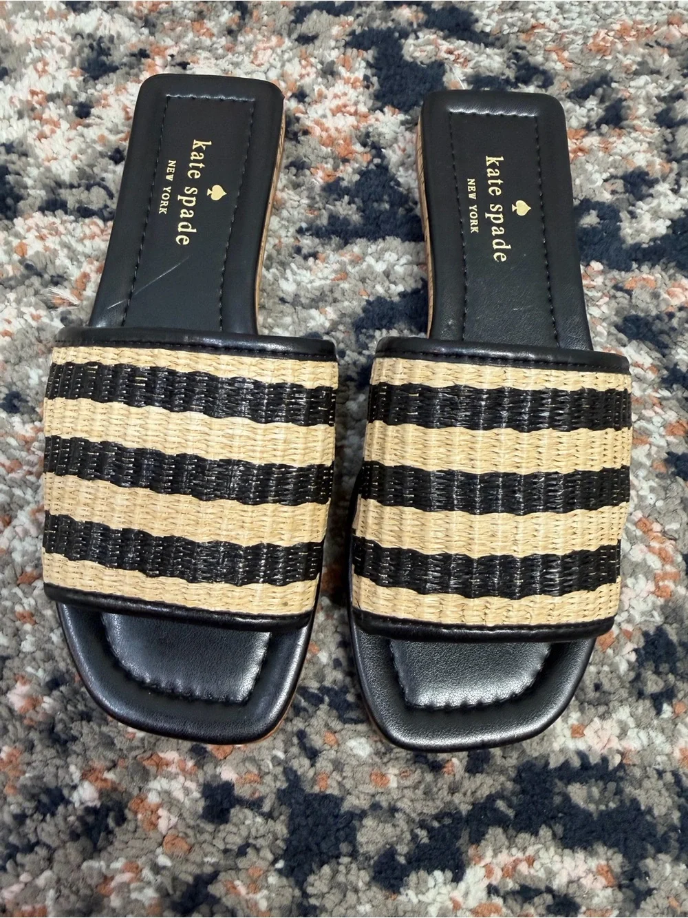 NWOT Kate Spade New York ‘Juiliane’ Raffia Slide Sandals in Black Stripe Sz 5.5